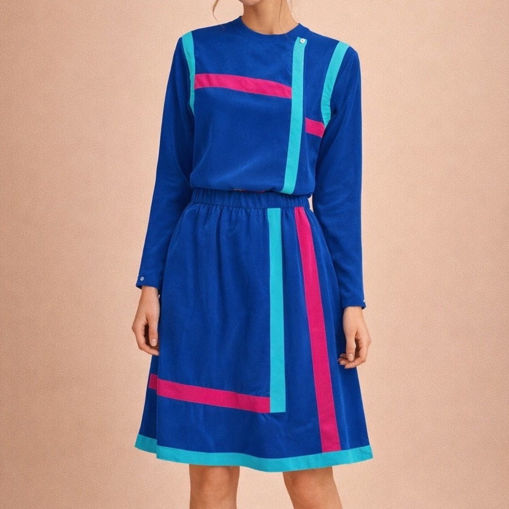 Argenti Petite Vintage 100% Silk 2 Piece Skirt Set‎ Blue Pink Colorblock 2 G2